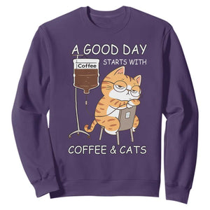 A Good Day Starts With Coffee And Cats Sweatshirt Funny Purrfect Morning TS12 Purple Print Your Wear