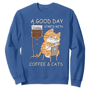 A Good Day Starts With Coffee And Cats Sweatshirt Funny Purrfect Morning TS12 Royal Blue Print Your Wear