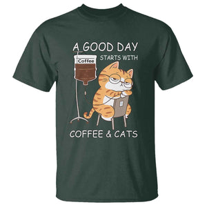 A Good Day Starts With Coffee And Cats T Shirt Funny Purrfect Morning TS12 Dark Forest Green Print Your Wear
