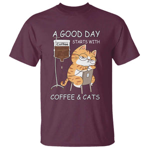 A Good Day Starts With Coffee And Cats T Shirt Funny Purrfect Morning TS12 Maroon Print Your Wear