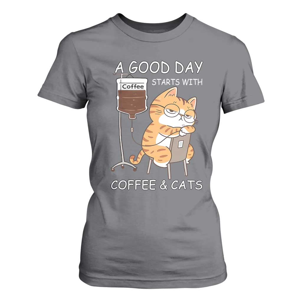 A Good Day Starts With Coffee And Cats T Shirt For Women Funny Purrfect Morning TS12 Charcoal Print Your Wear