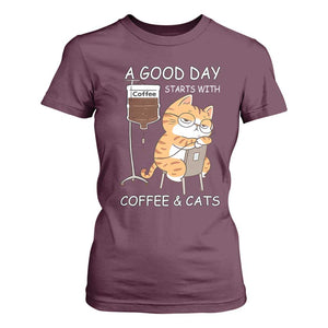 A Good Day Starts With Coffee And Cats T Shirt For Women Funny Purrfect Morning TS12 Maroon Print Your Wear