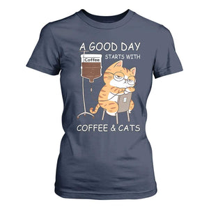 A Good Day Starts With Coffee And Cats T Shirt For Women Funny Purrfect Morning TS12 Navy Print Your Wear