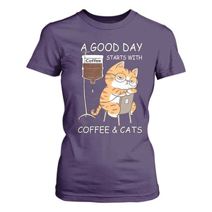 A Good Day Starts With Coffee And Cats T Shirt For Women Funny Purrfect Morning TS12 Purple Print Your Wear