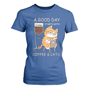 A Good Day Starts With Coffee And Cats T Shirt For Women Funny Purrfect Morning TS12 Royal Blue Print Your Wear
