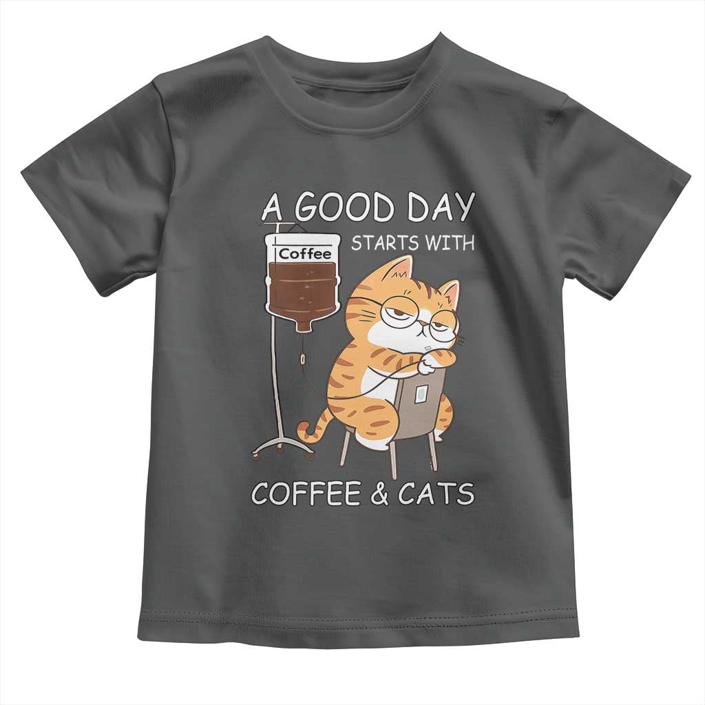 A Good Day Starts With Coffee And Cats Toddler T Shirt Funny Purrfect Morning TS12 Dark Heather Print Your Wear
