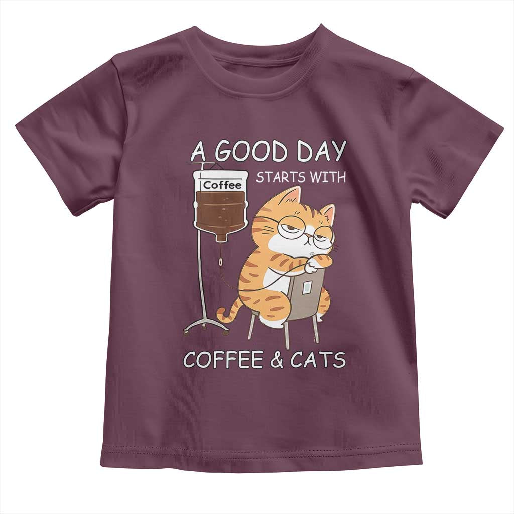 A Good Day Starts With Coffee And Cats Toddler T Shirt Funny Purrfect Morning TS12 Maroon Print Your Wear