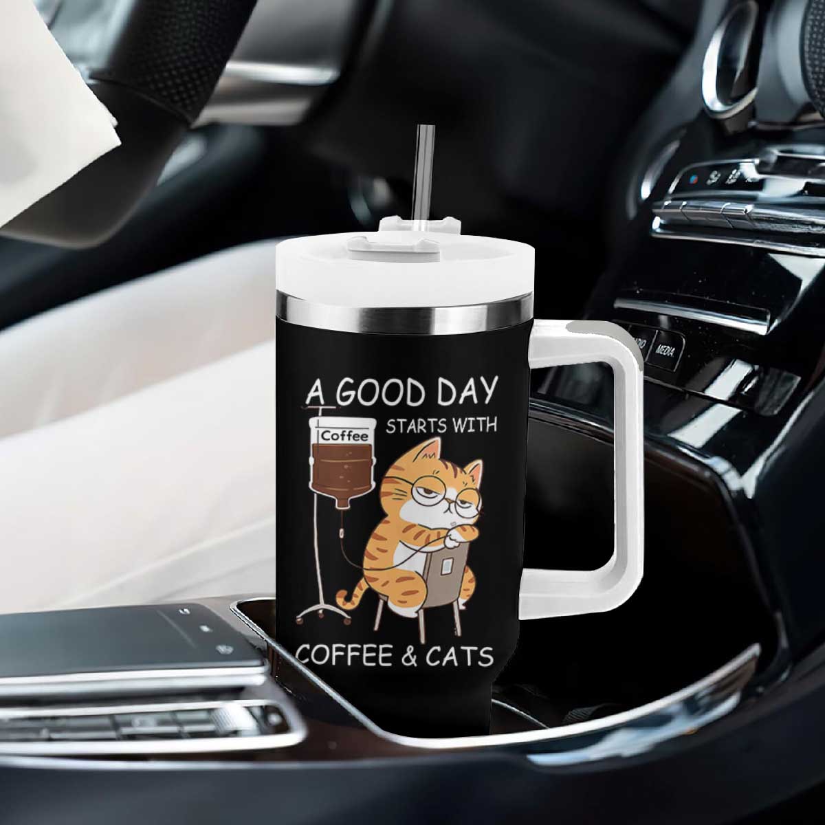 A Good Day Starts With Coffee And Cats Tumbler With Handle Funny Purrfect Morning TS12 Print Your Wear