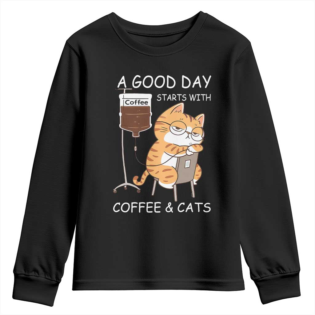A Good Day Starts With Coffee And Cats Youth Sweatshirt Funny Purrfect Morning TS12 Black Print Your Wear