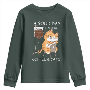 A Good Day Starts With Coffee And Cats Youth Sweatshirt Funny Purrfect Morning TS12 Dark Forest Green Print Your Wear