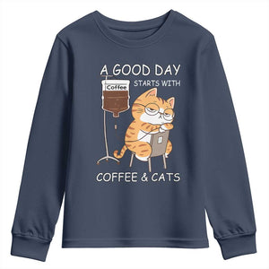 A Good Day Starts With Coffee And Cats Youth Sweatshirt Funny Purrfect Morning TS12 Navy Print Your Wear