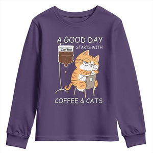 A Good Day Starts With Coffee And Cats Youth Sweatshirt Funny Purrfect Morning TS12 Purple Print Your Wear