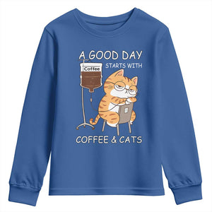 A Good Day Starts With Coffee And Cats Youth Sweatshirt Funny Purrfect Morning TS12 Royal Blue Print Your Wear