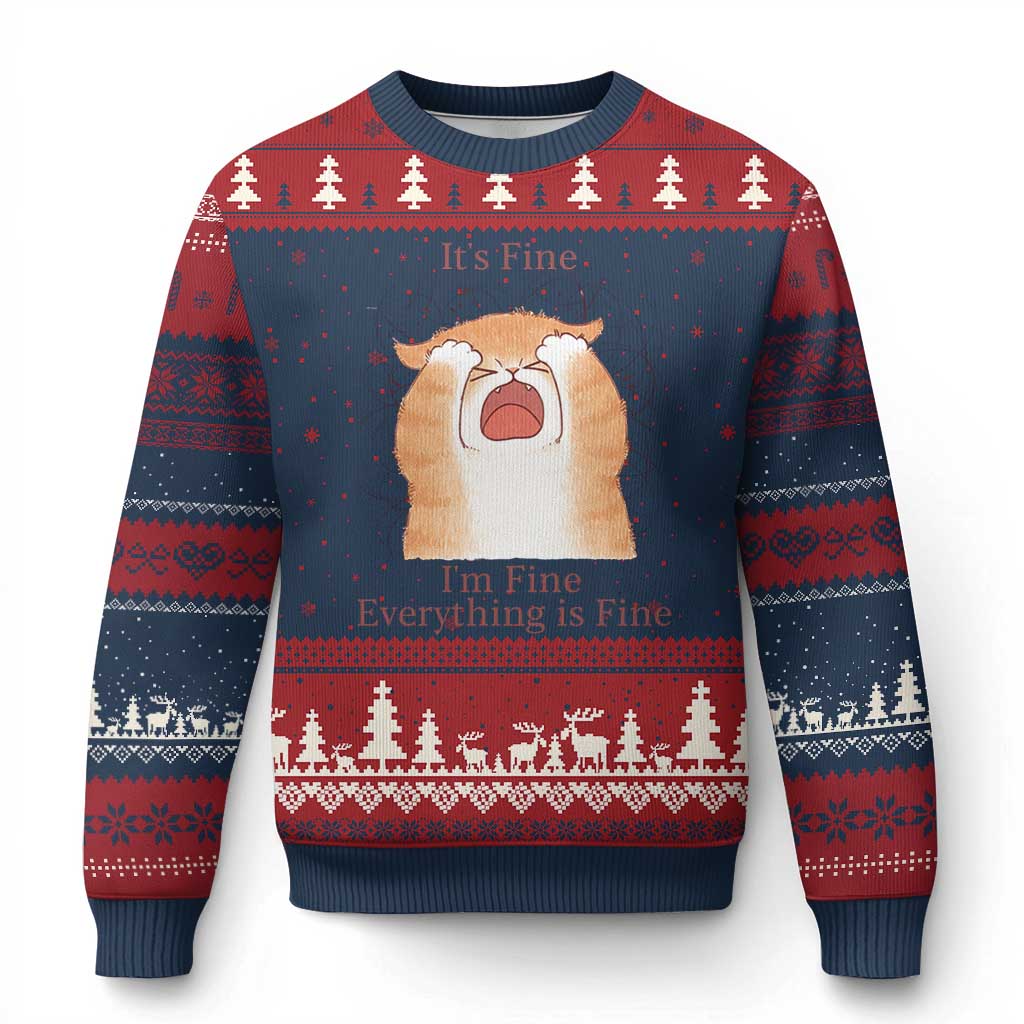 Its Fine I am Fine Everything is Fine Funny Cat Lover Ugly Christmas Sweater TS12 Navy Red Print Your Wear