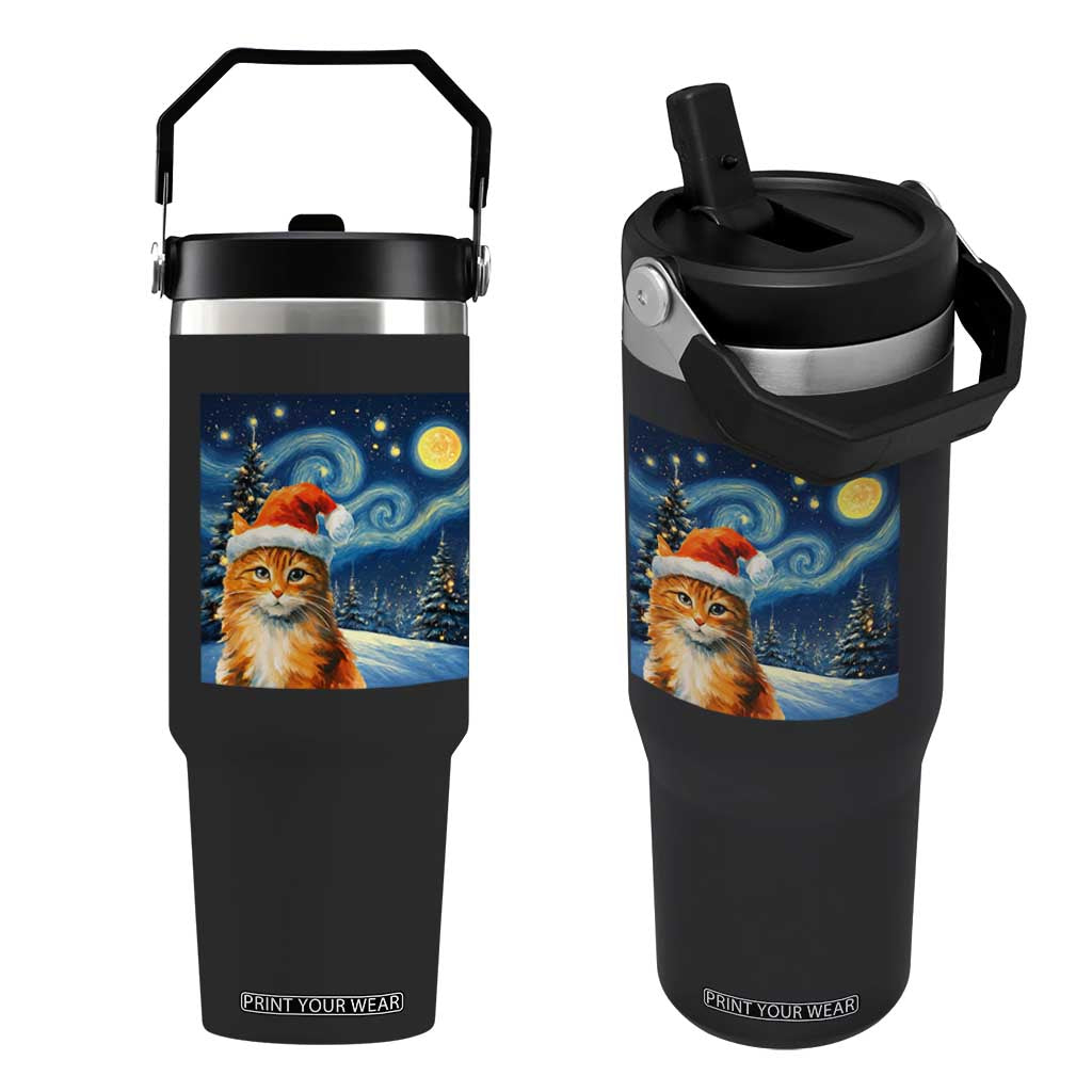Christmas Van Gogh Cat Flip Straw Tumbler In Santa Hat Starry Night TS12 One Size: 30 oz Black Print Your Wear
