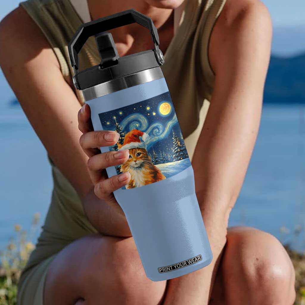 Christmas Van Gogh Cat Flip Straw Tumbler In Santa Hat Starry Night TS12 One Size: 30 oz Light Blue Print Your Wear