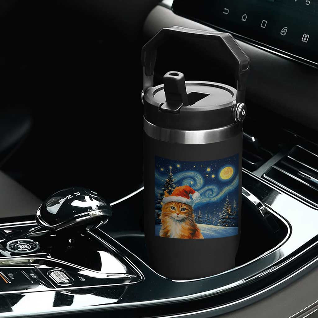 Christmas Van Gogh Cat Flip Straw Tumbler In Santa Hat Starry Night TS12 Print Your Wear