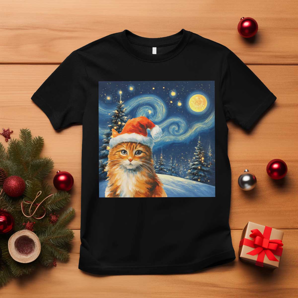 Christmas Van Gogh Cat T Shirt In Santa Hat Starry Night TS12 Black Print Your Wear