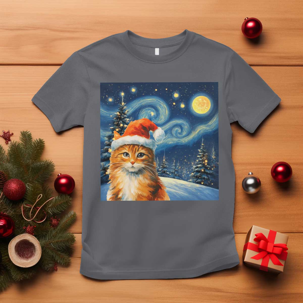 Christmas Van Gogh Cat T Shirt In Santa Hat Starry Night TS12 Charcoal Print Your Wear