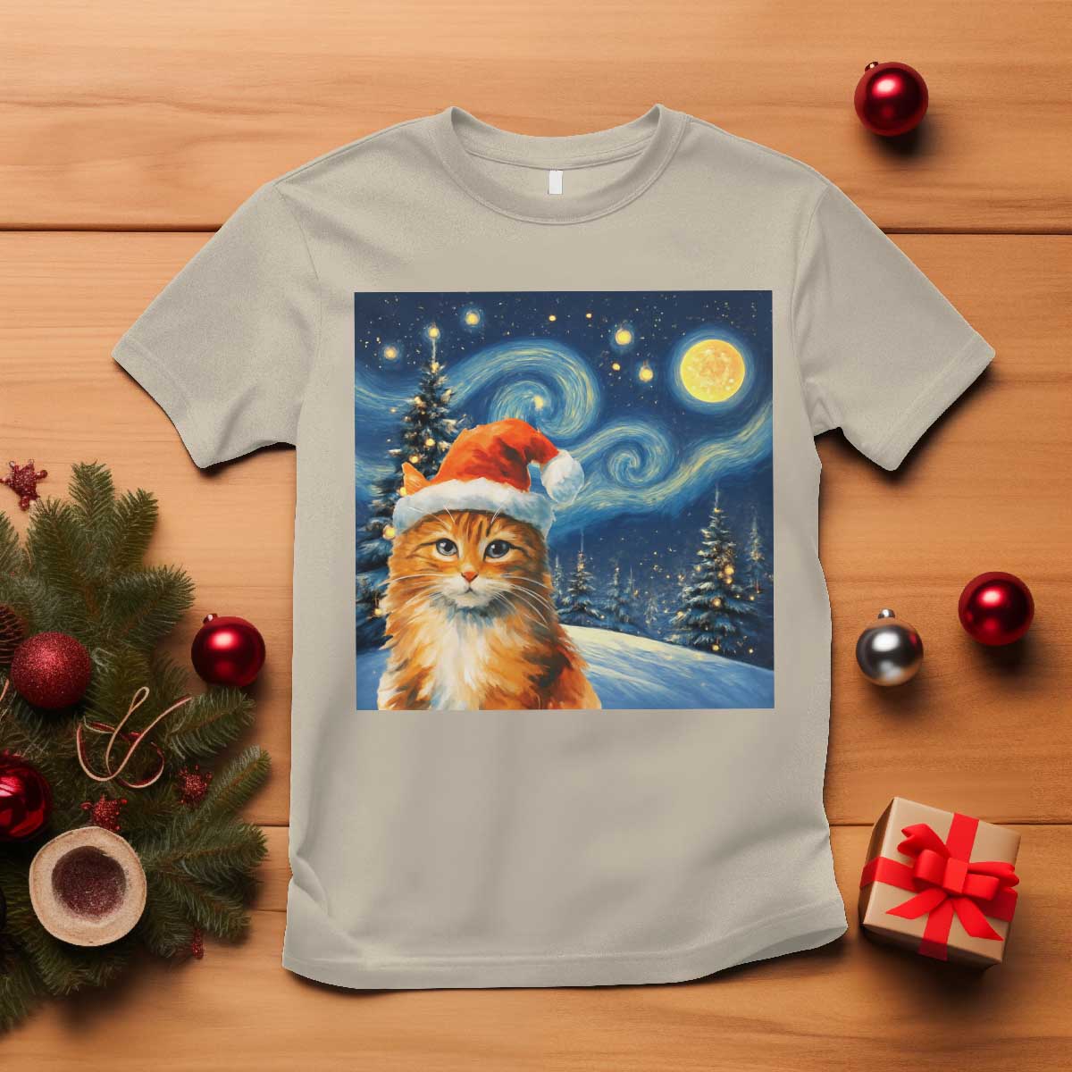 Christmas Van Gogh Cat T Shirt In Santa Hat Starry Night TS12 Sand Print Your Wear