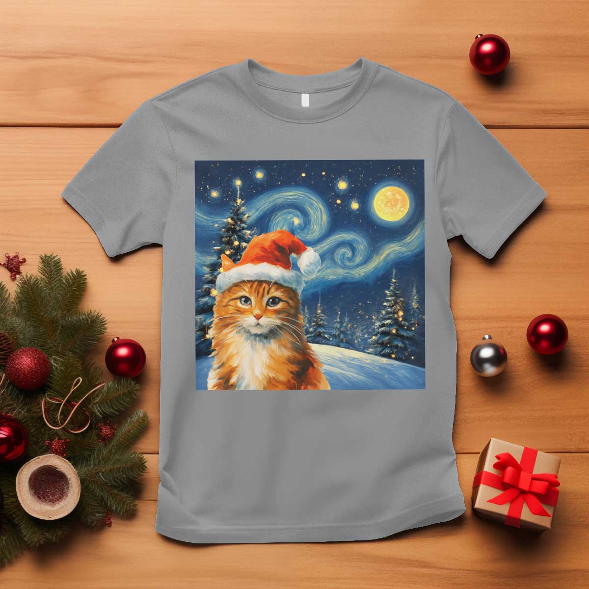 Christmas Van Gogh Cat T Shirt In Santa Hat Starry Night TS12 Sport Gray Print Your Wear