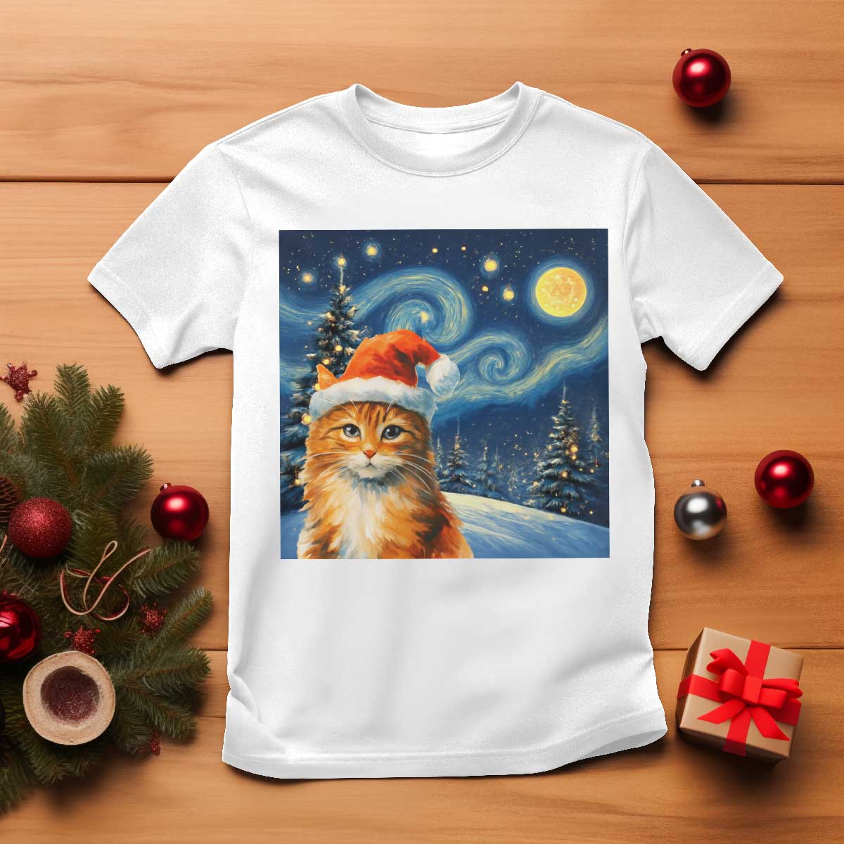 Christmas Van Gogh Cat T Shirt In Santa Hat Starry Night TS12 White Print Your Wear