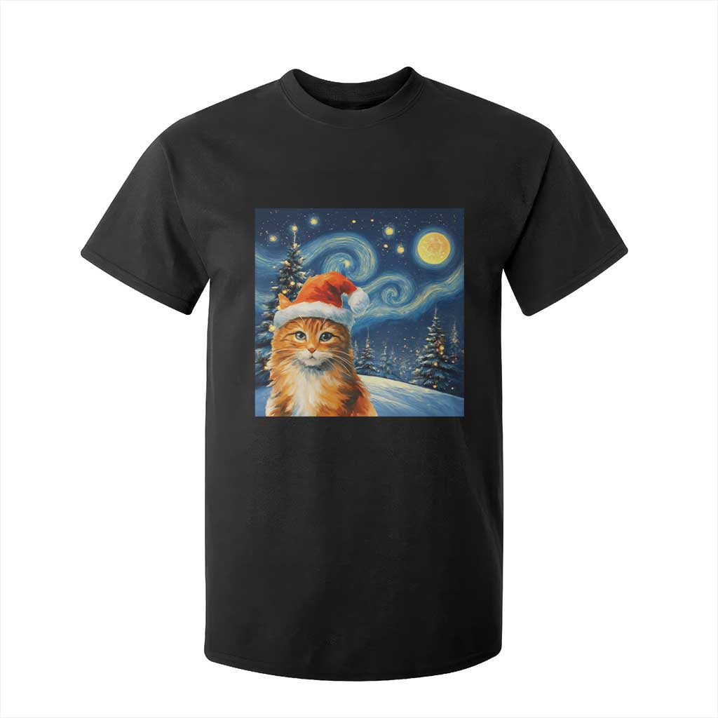 Christmas Van Gogh Cat T Shirt For Kid In Santa Hat Starry Night TS12 Black Print Your Wear