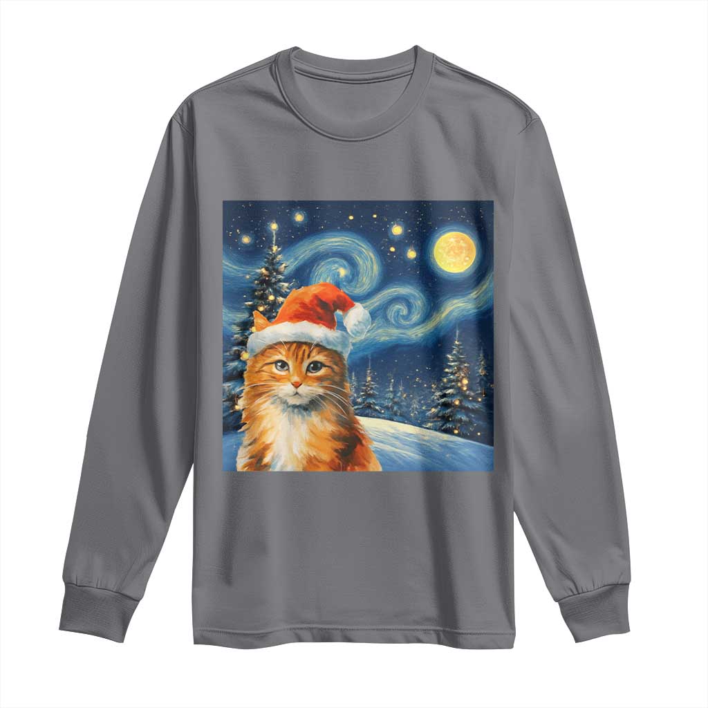 Christmas Van Gogh Cat Long Sleeve Shirt In Santa Hat Starry Night TS12 Charcoal Print Your Wear