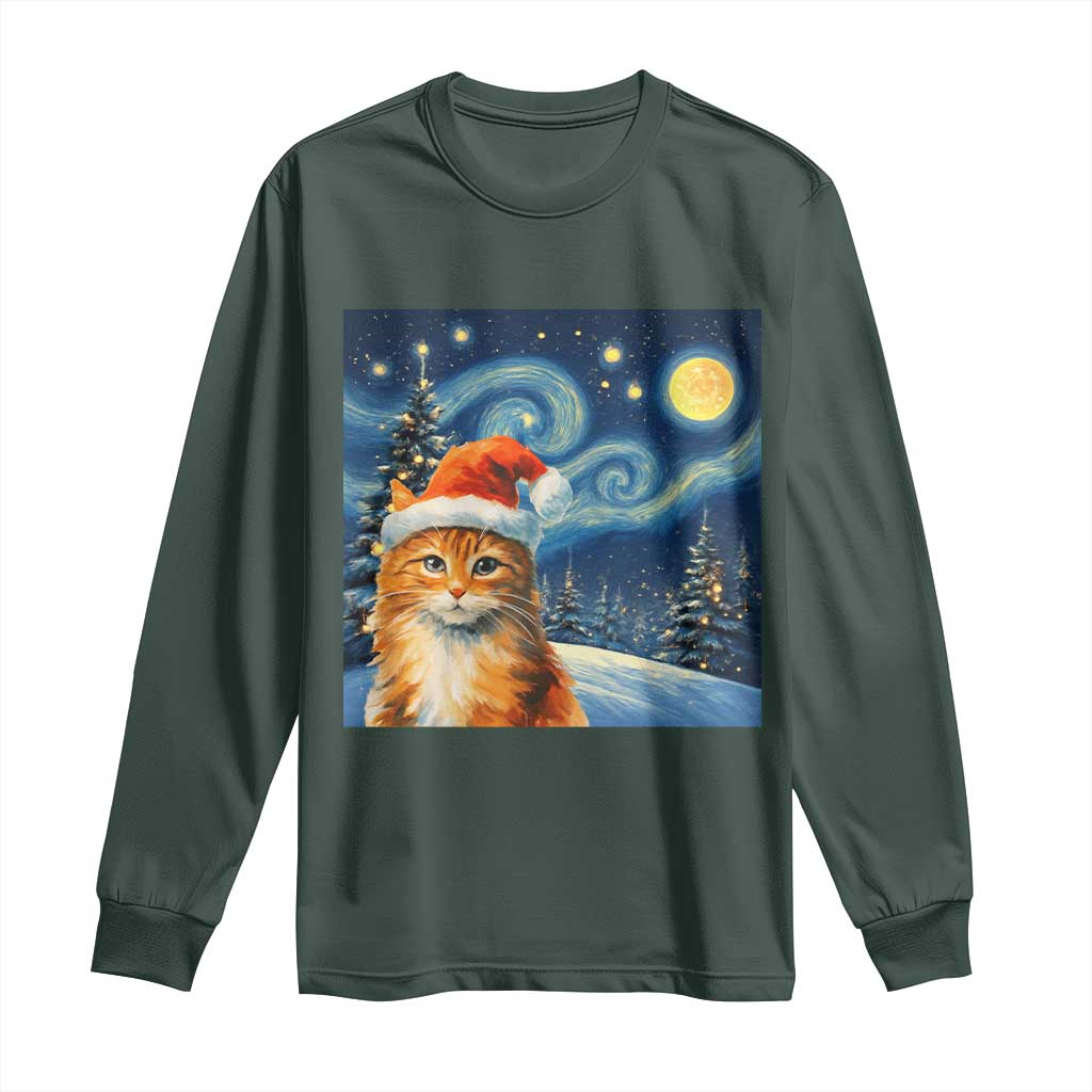 Christmas Van Gogh Cat Long Sleeve Shirt In Santa Hat Starry Night TS12 Dark Forest Green Print Your Wear