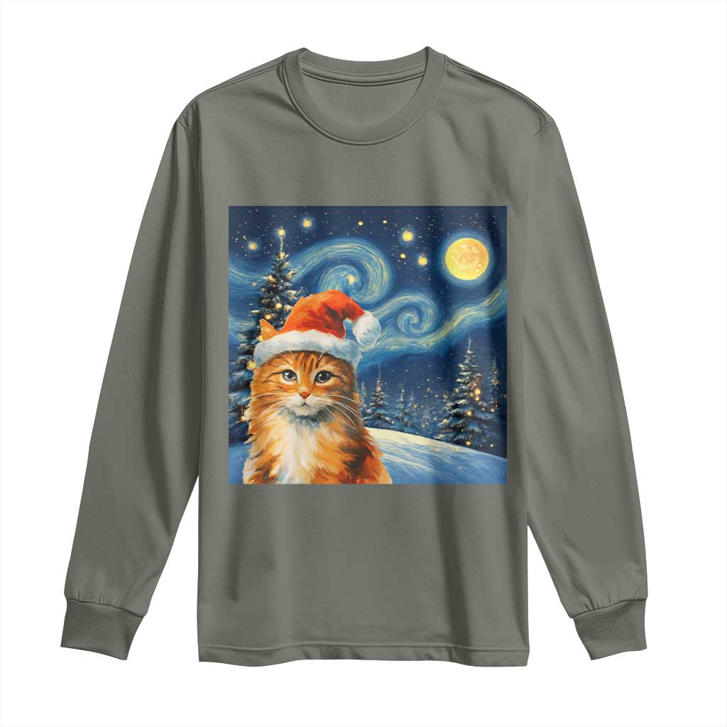 Christmas Van Gogh Cat Long Sleeve Shirt In Santa Hat Starry Night TS12 Military Green Print Your Wear