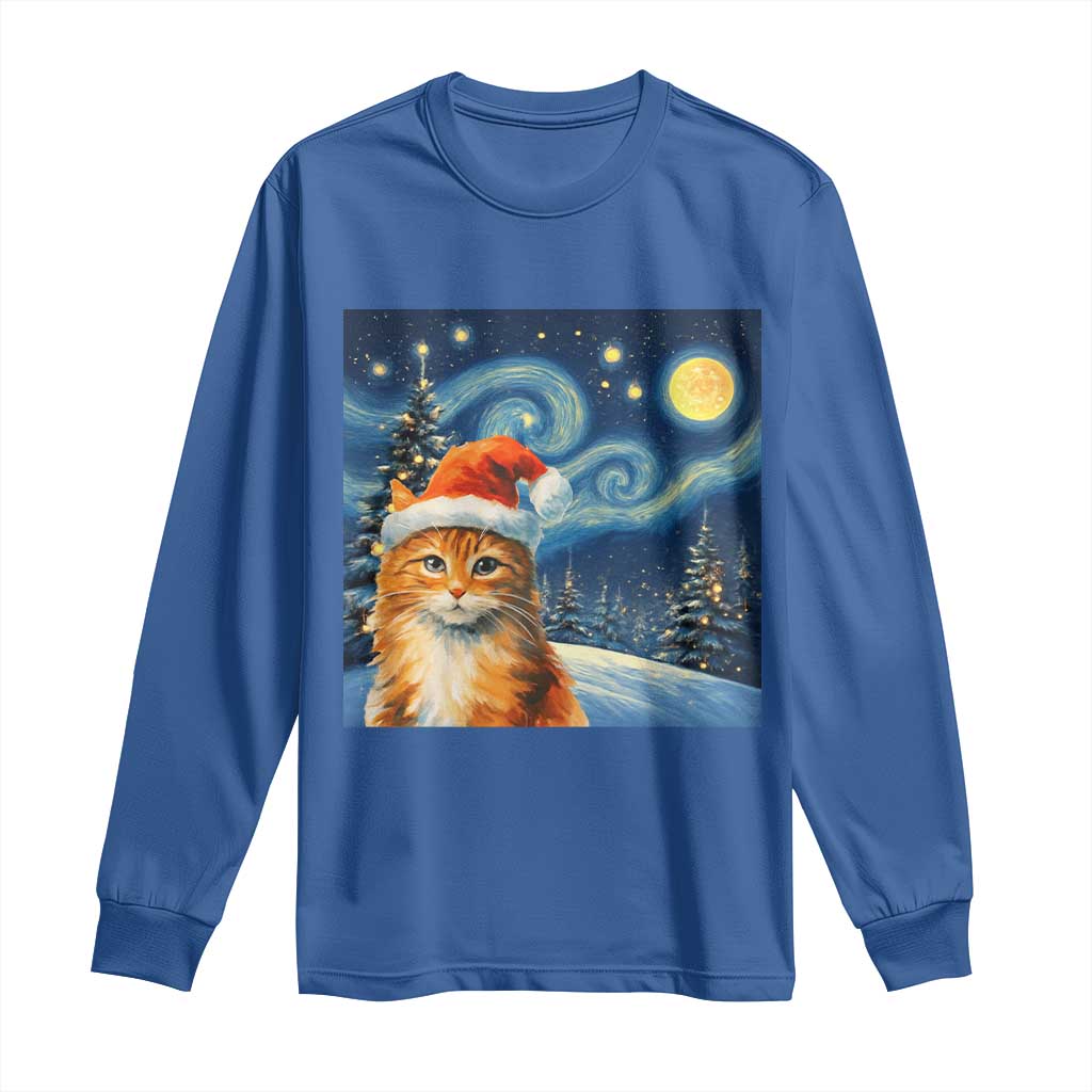 Christmas Van Gogh Cat Long Sleeve Shirt In Santa Hat Starry Night TS12 Royal Blue Print Your Wear