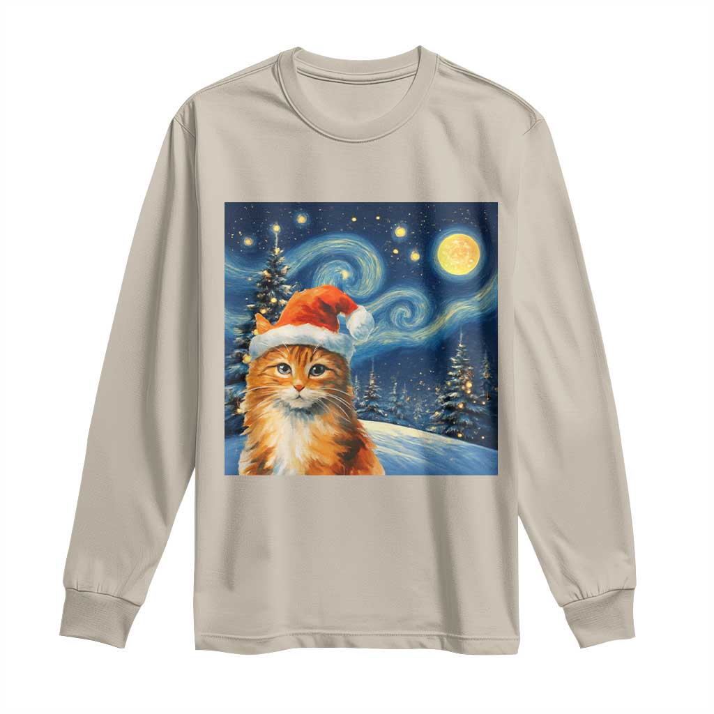 Christmas Van Gogh Cat Long Sleeve Shirt In Santa Hat Starry Night TS12 Sand Print Your Wear