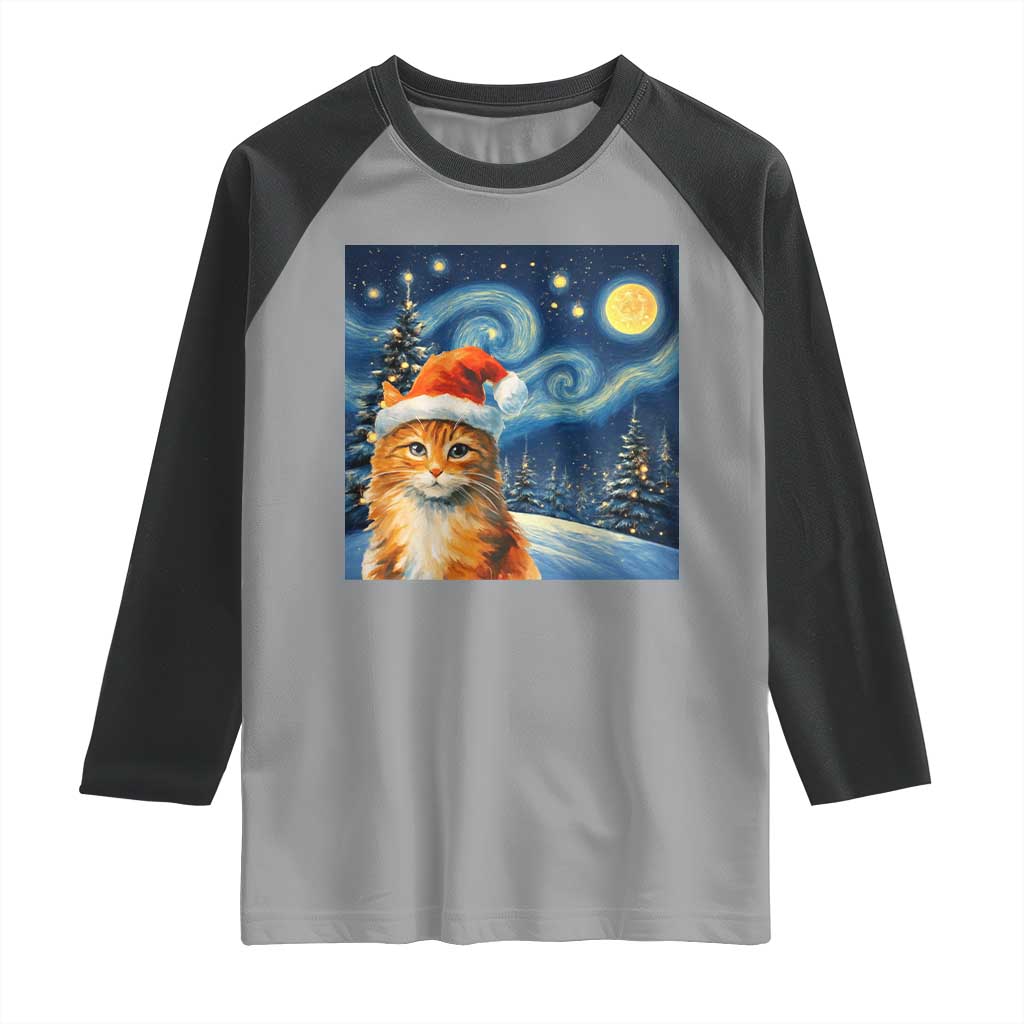Christmas Van Gogh Cat Raglan Shirt In Santa Hat Starry Night TS12 Sport Gray Black Print Your Wear