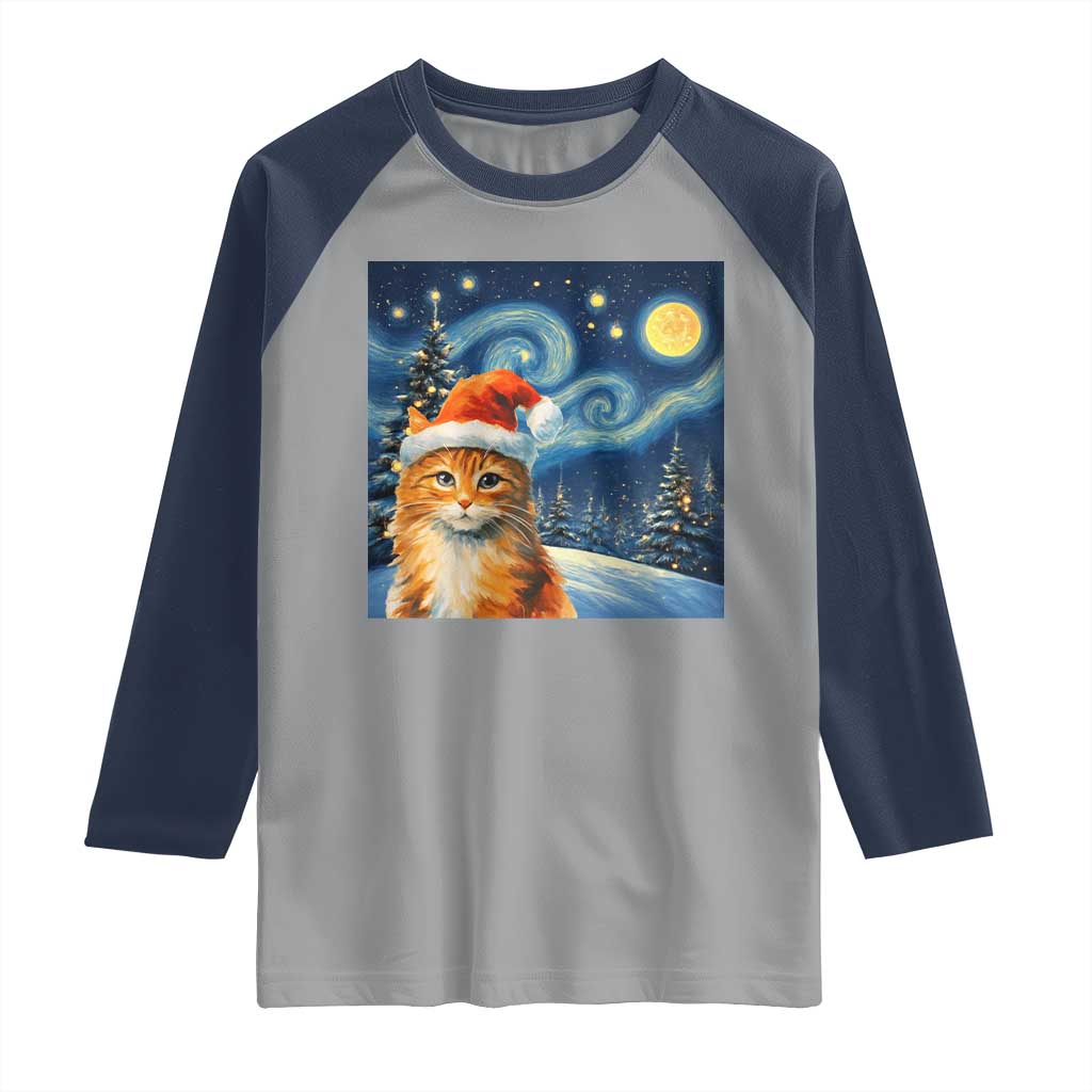Christmas Van Gogh Cat Raglan Shirt In Santa Hat Starry Night TS12 Sport Gray Navy Print Your Wear