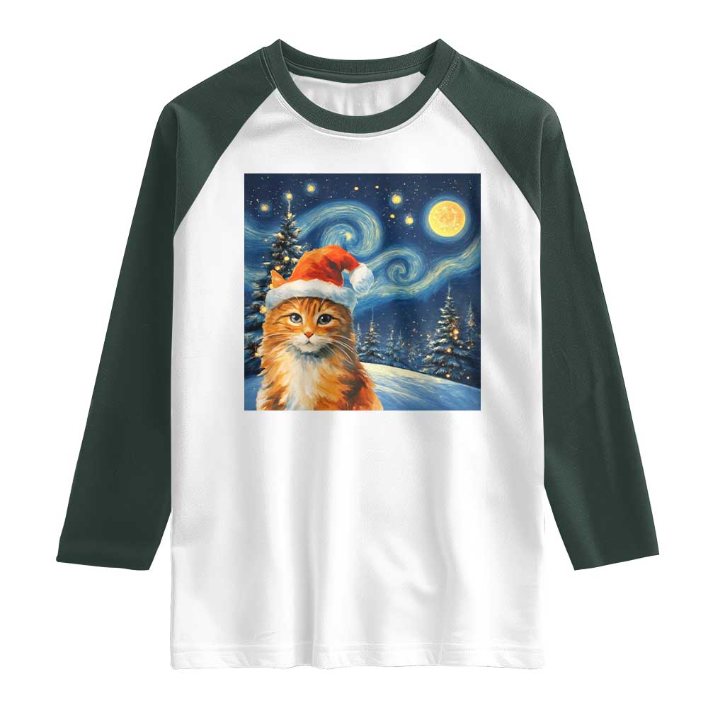 Christmas Van Gogh Cat Raglan Shirt In Santa Hat Starry Night TS12 White Dark Forest Green Print Your Wear