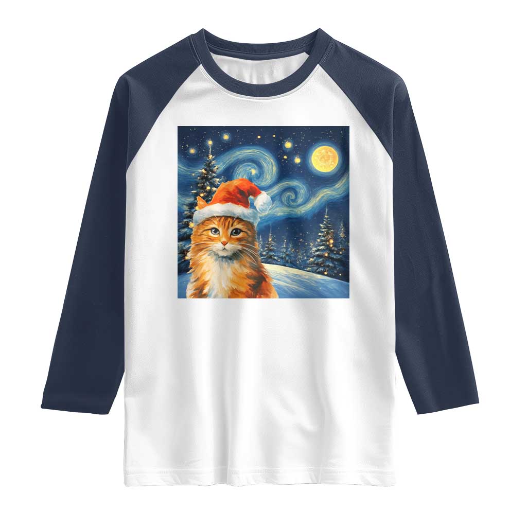 Christmas Van Gogh Cat Raglan Shirt In Santa Hat Starry Night TS12 White Navy Print Your Wear