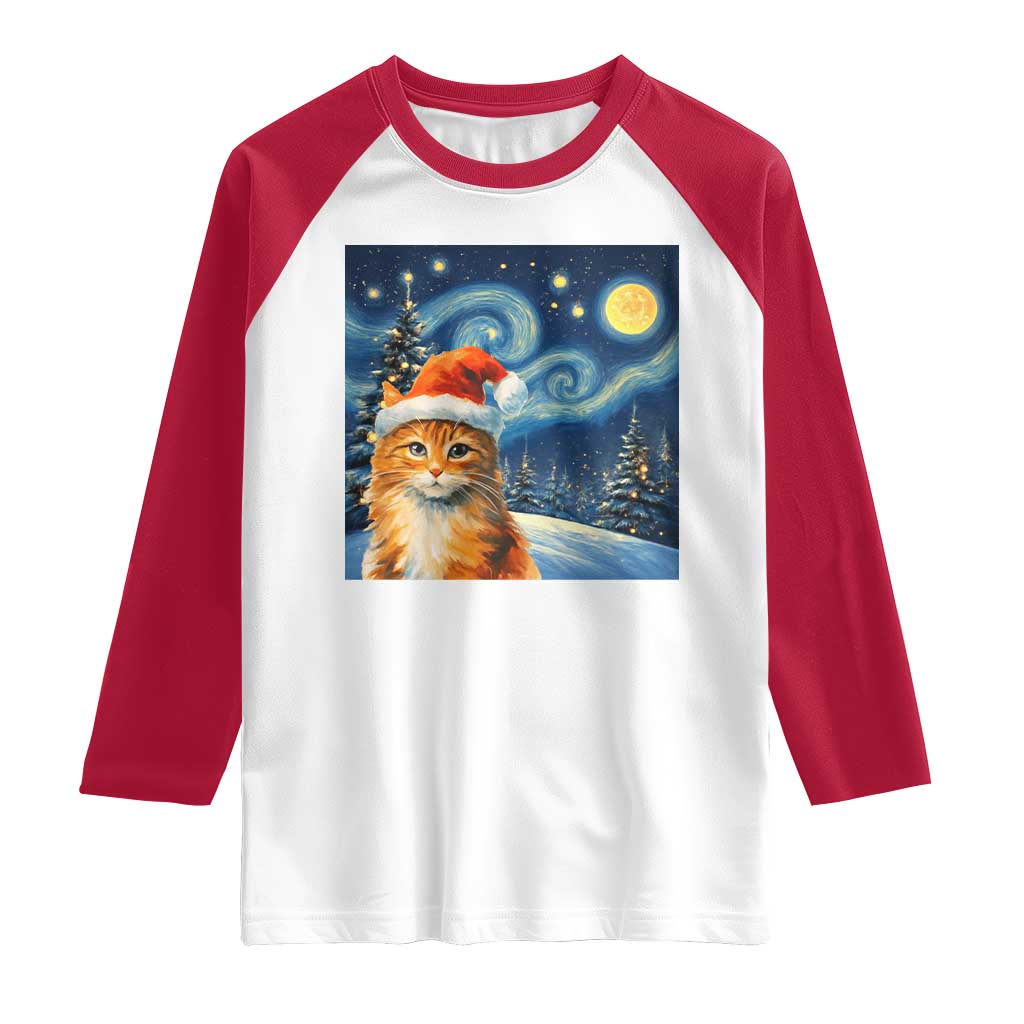 Christmas Van Gogh Cat Raglan Shirt In Santa Hat Starry Night TS12 White Red Print Your Wear