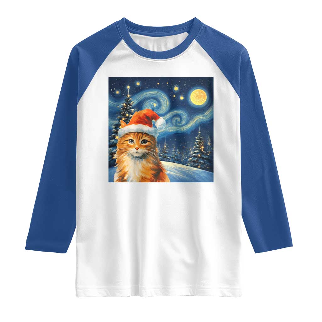 Christmas Van Gogh Cat Raglan Shirt In Santa Hat Starry Night TS12 White Royal Print Your Wear