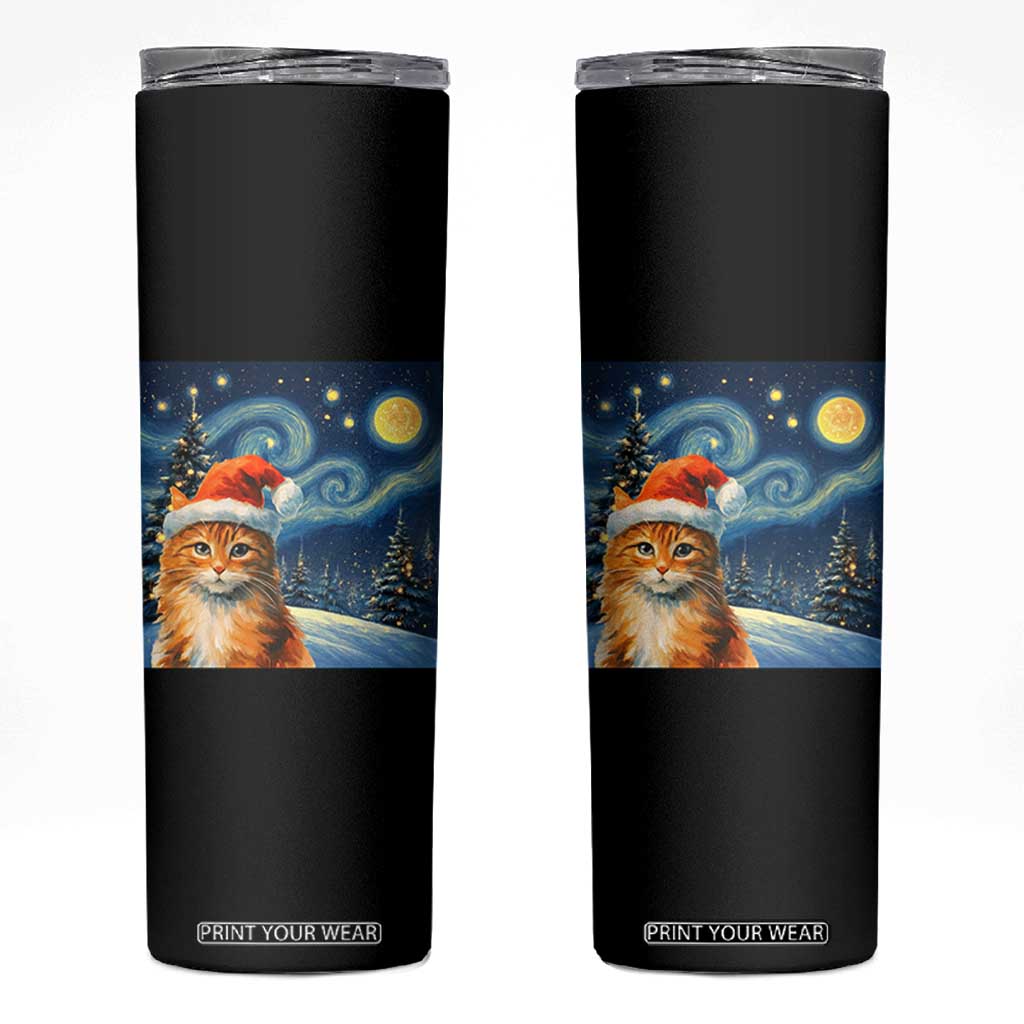 Christmas Van Gogh Cat Skinny Tumbler In Santa Hat Starry Night TS12 Black Print Your Wear