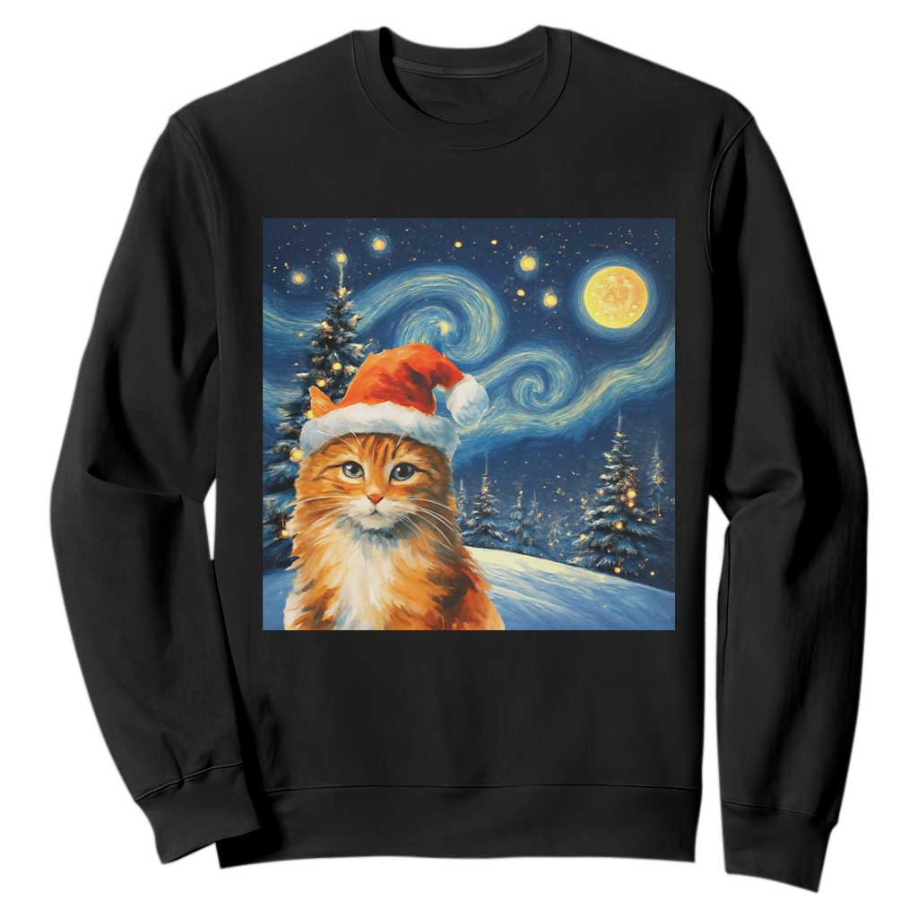 Christmas Van Gogh Cat Sweatshirt In Santa Hat Starry Night TS12 Black Print Your Wear
