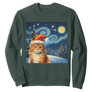 Christmas Van Gogh Cat Sweatshirt In Santa Hat Starry Night TS12 Dark Forest Green Print Your Wear