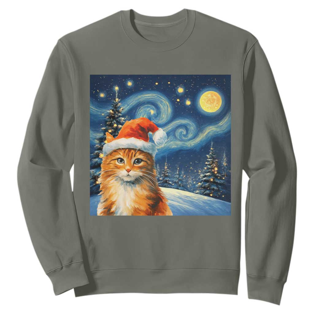Christmas Van Gogh Cat Sweatshirt In Santa Hat Starry Night TS12 Military Green Print Your Wear