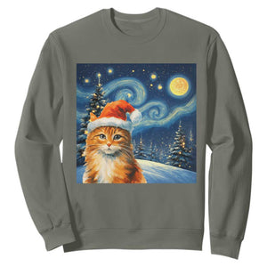 Christmas Van Gogh Cat Sweatshirt In Santa Hat Starry Night TS12 Military Green Print Your Wear