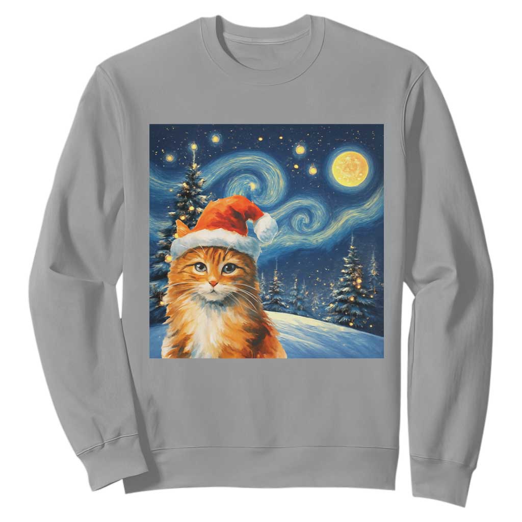 Christmas Van Gogh Cat Sweatshirt In Santa Hat Starry Night TS12 Sport Gray Print Your Wear