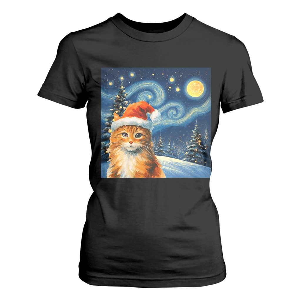 Christmas Van Gogh Cat T Shirt For Women In Santa Hat Starry Night TS12 Black Print Your Wear