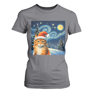 Christmas Van Gogh Cat T Shirt For Women In Santa Hat Starry Night TS12 Charcoal Print Your Wear