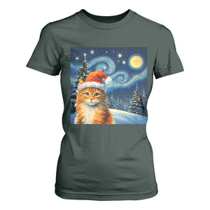 Christmas Van Gogh Cat T Shirt For Women In Santa Hat Starry Night TS12 Dark Forest Green Print Your Wear