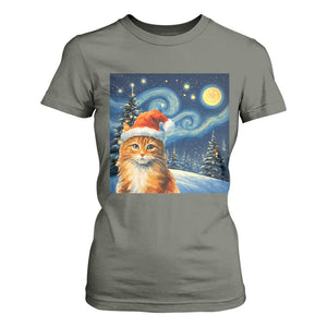 Christmas Van Gogh Cat T Shirt For Women In Santa Hat Starry Night TS12 Military Green Print Your Wear