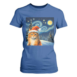 Christmas Van Gogh Cat T Shirt For Women In Santa Hat Starry Night TS12 Royal Blue Print Your Wear