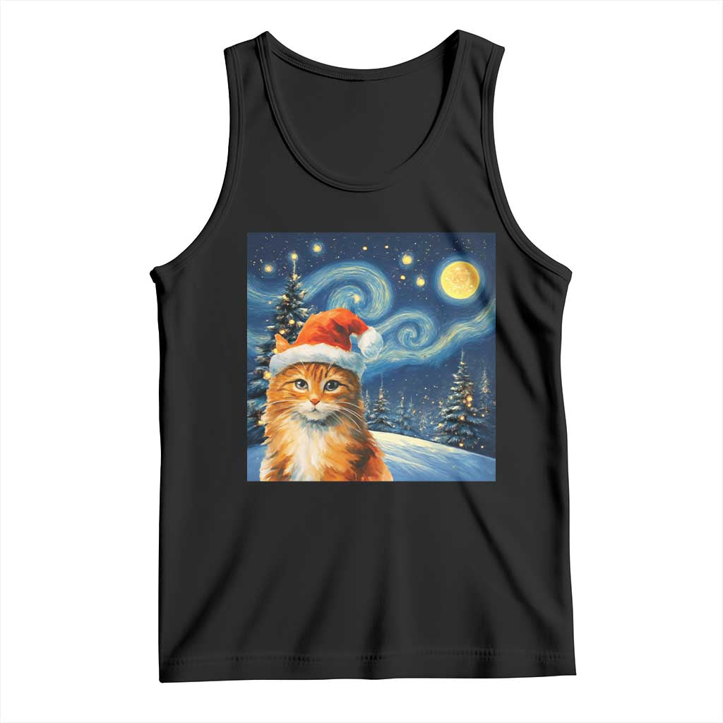 Christmas Van Gogh Cat Tank Top In Santa Hat Starry Night TS12 Black Print Your Wear
